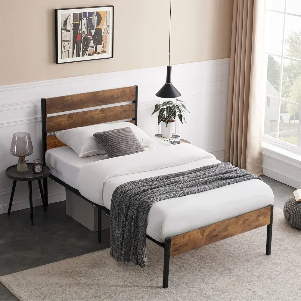 

Platform Twin Bed Frame with Rustic Vintage Wood Headboard, Mattress Foundation, Strong Metal Slats Support,No Box Spring Needed