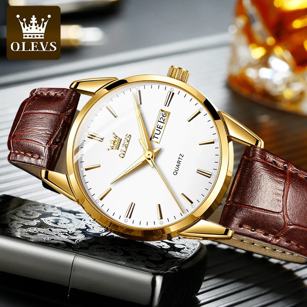 OLEVS 6898 Quartz Genuine Leather Strap Watch For Men, Business High Quality Waterproof Men Wristwatch Calendar Week Display