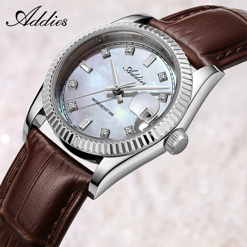 ADDIES Luxury Women Watch Sapphire Glass Swiss Quartz Mother of Pearl Dial Leather Waterproof 50M Ladies Fashion Wristwatch Gift