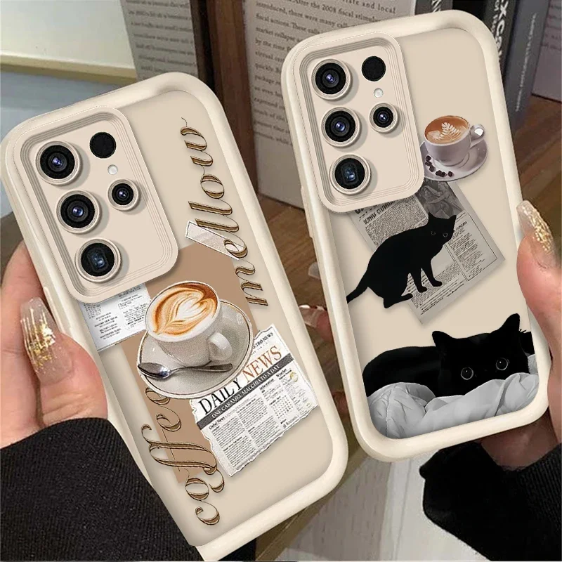 Art Tags Newspaper Coffee Cat Painting Case for Samsung Galaxy S25 S23 S24 Ultra S22 S21 Plus FE 5G A54 A34 A14 A73 A53 A33 5G