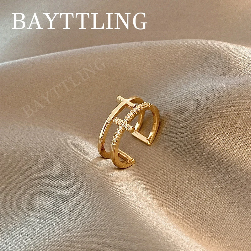 Charm 925 Sterling Silver/Gold Luxury Cross Zircon Open Ring For Women Fashion Birthday Party Gift Jewelry Christmas