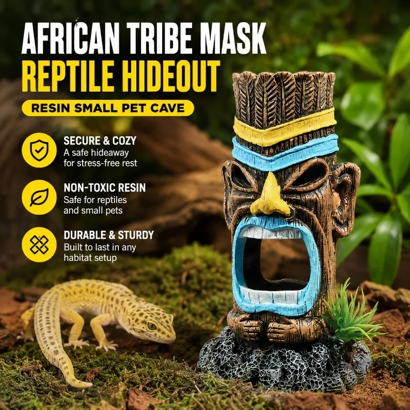 

Resin Reptile Hideout Tribal Mask Shaped Pet Cave African Style Ornament Terrarium Landscape Decor Cozy Shelter for Small Pets