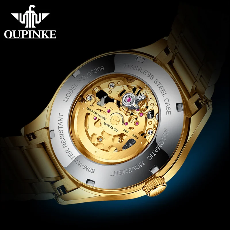 OUPINKE Top Brands Automatic Mechanical Men Watch Skeleton Waterproof Tungsten Steel Male Watches Fashion Casual Gift For Man