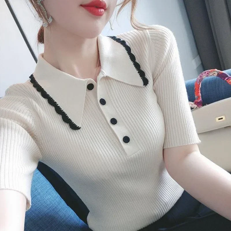 T-shirt Woman Pink Short Sleeve Tee Top Polo Neck Shirts Women Knit Clothing White Luxury Offer Free Shipping New Synthetic L156