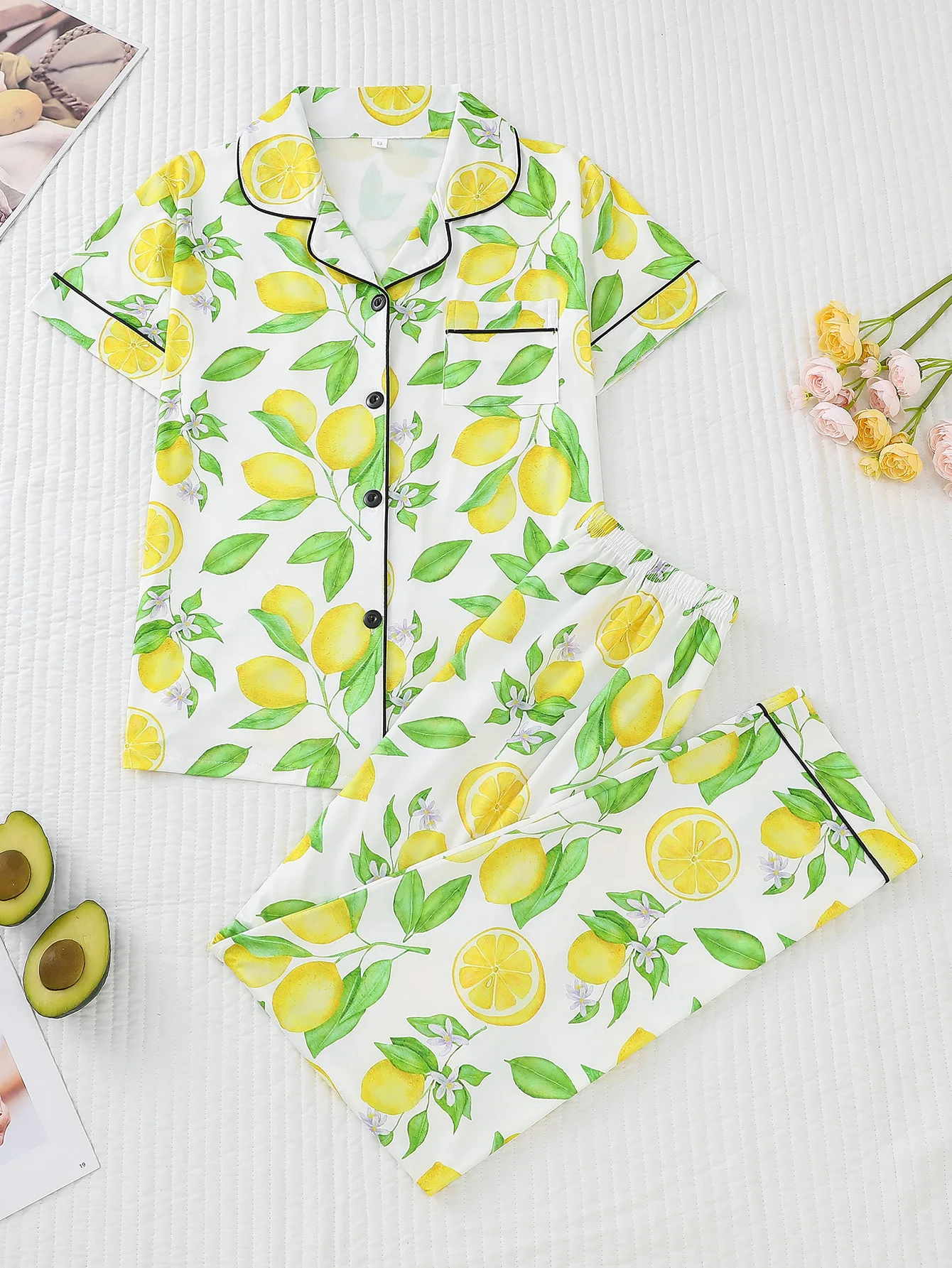

Милый женский комплект одежды для сна с лимонным принтом, удобная рубашка на пуговицах с короткими рукавами и свободные брюки, женская домашняя одежда