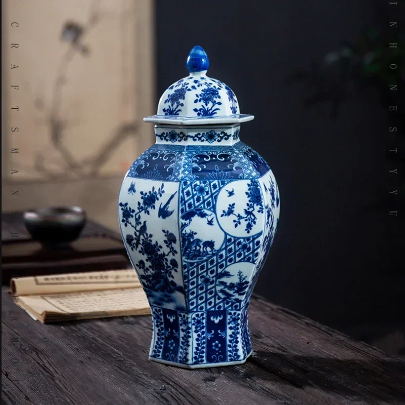 Chinese Classical Antique Handmade Blue and White Hexagon Porcelain Ginger Jar, Hotel and Villa Art Decorations