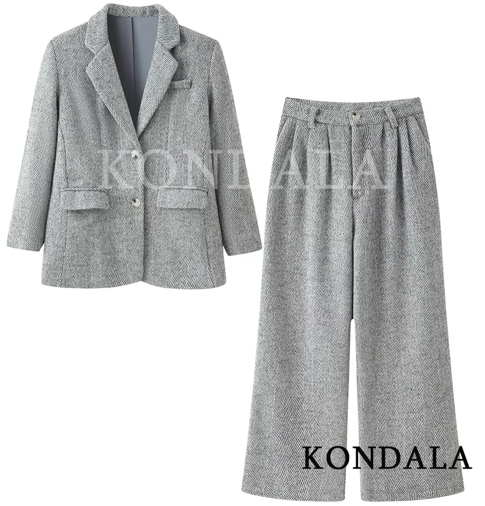 KONDALA Women Casual Commute Pants Suit 2026 Fall Winter Trendy Elegant Chic Set Office Lady Lapel Buttons Blazer, Long Pants
