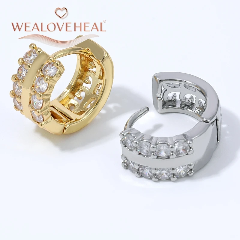 ohrringe, ohrringe damen, 1/2 Paar 18K vergoldete Messing-Ohrringe mit doppelter Reihe Zirkonia für Damen, ausgehöhlte, trendige Huggie-Creolen für Alltag und Party, Geschenk-Schmuck – Detail 18