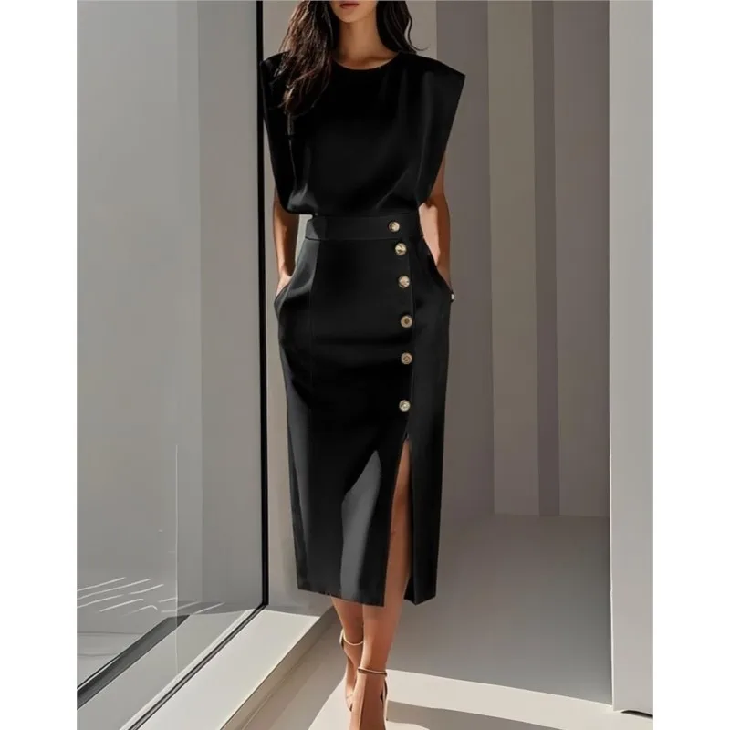 Temperament Ladies Elegant Dress 2025 Summer O-neck Sleeveless Buttons Splic High Split Long Dresses Women New Office Clothes