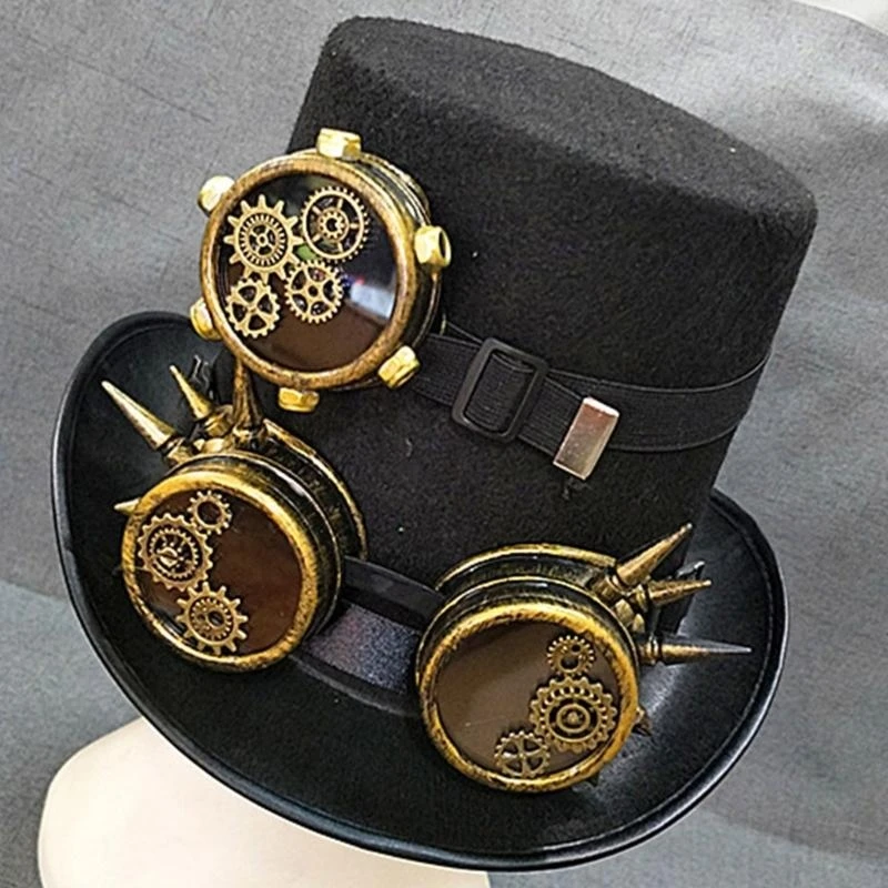 652F Unisex Gothic Steampunk Top Hats with Goggle Gear Halloween Hat Headwear Men Women Costume Hat Party Supply Stage Hat