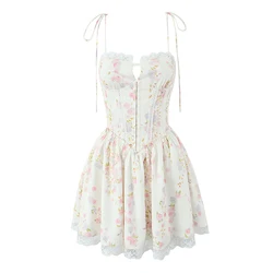 YENKYE Sexy Elegant Women Lace Patchwork Floral Print Sling Mini Dress Low Waist A-line Summer Holiday Party Dresses Pretty Robe