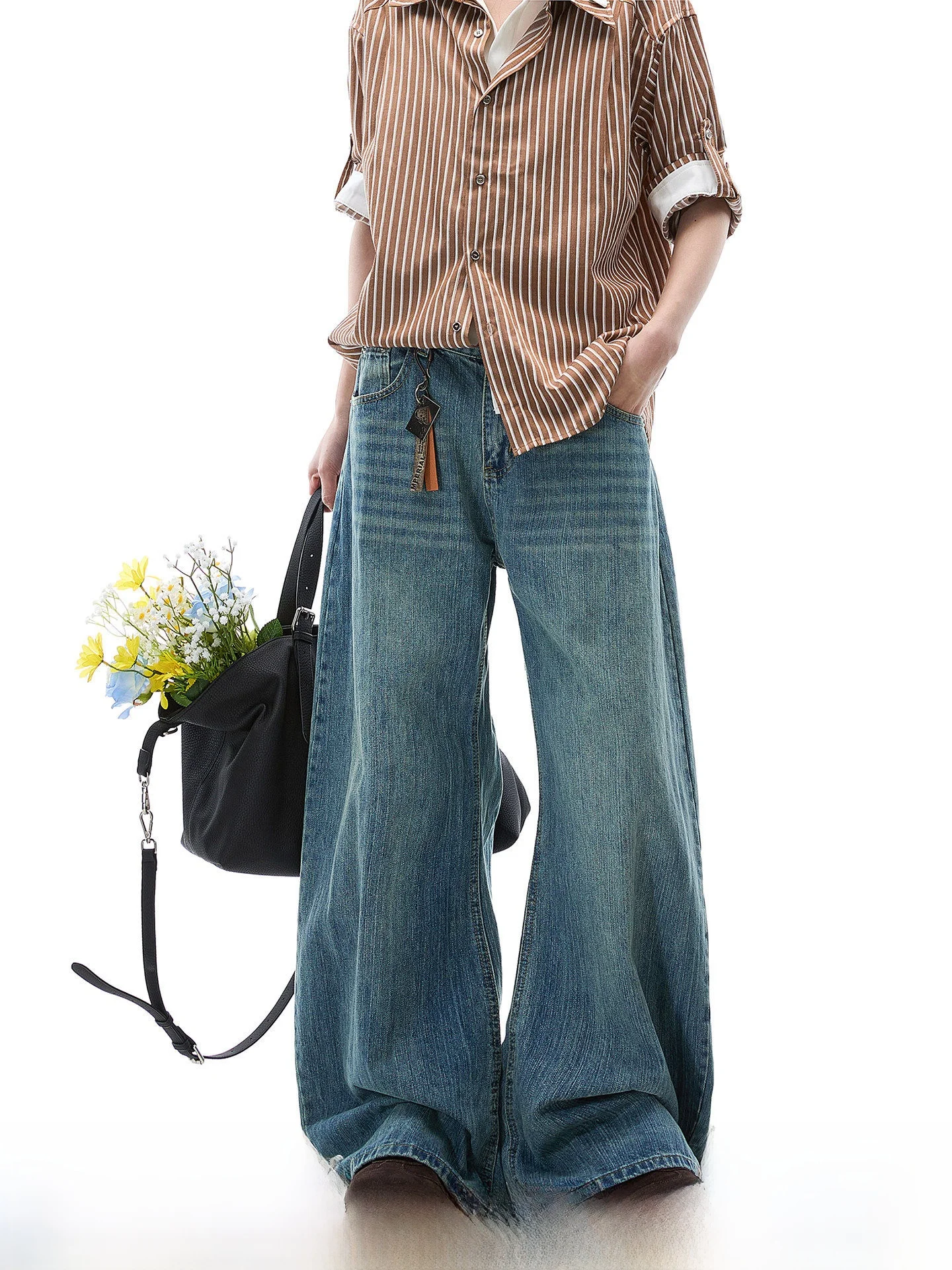 American Style Vintage Bamboo Pattern Men's Jeans Spring Summer Straight Leg Wide Leg Knife  Jeans Casual Youth Trend