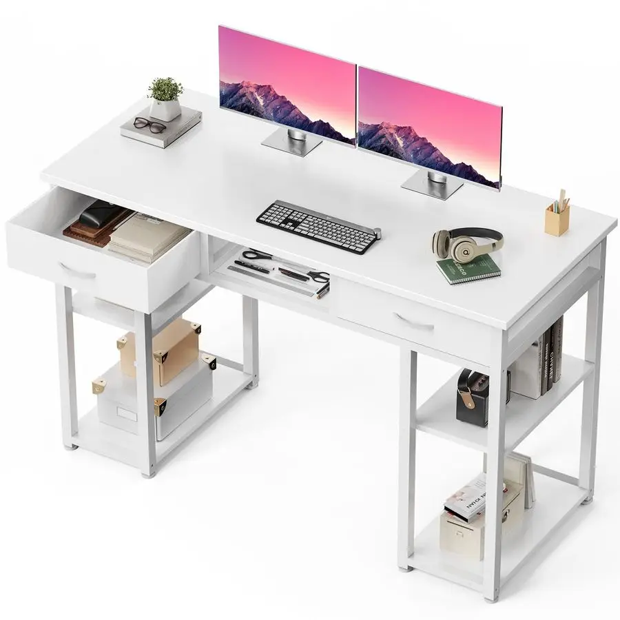 

48 Small Computer Home Office Desk for Bedroom with Drawers, Gaming Writing Study Table with Storage Shelf, Adjustable Feet, Me