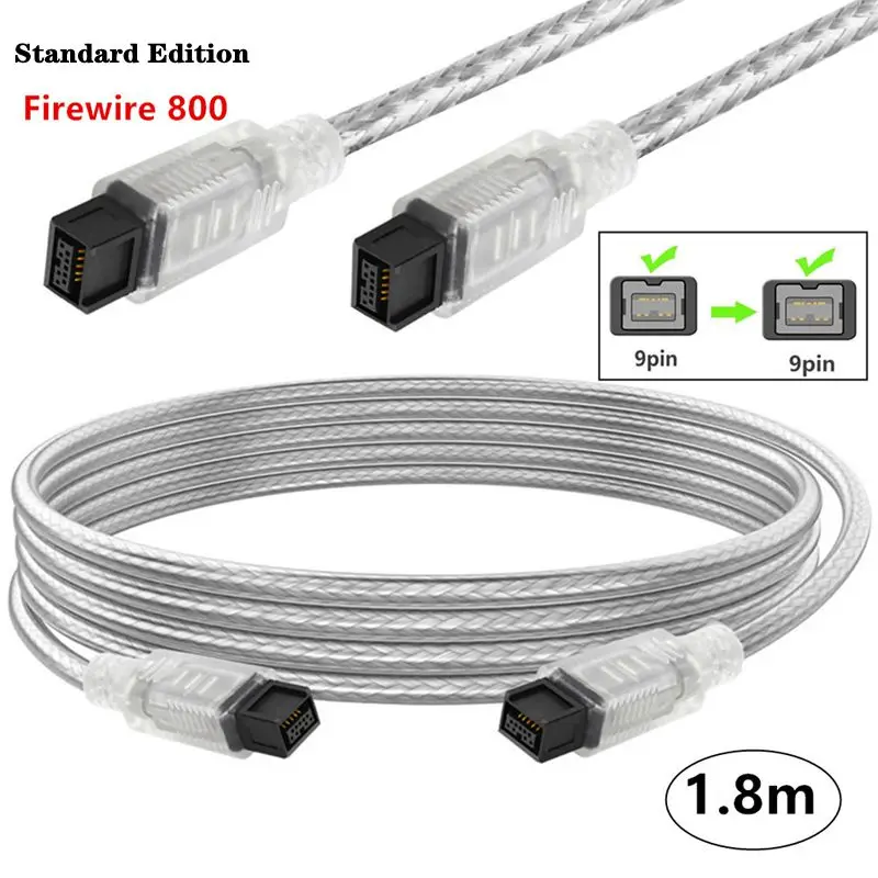 1.8m Standard Edition Transparent white IEEE 1394 Firewire 800 to Firewire 800 Firewire 1394 9-Pin male to 9-Pin male data cable