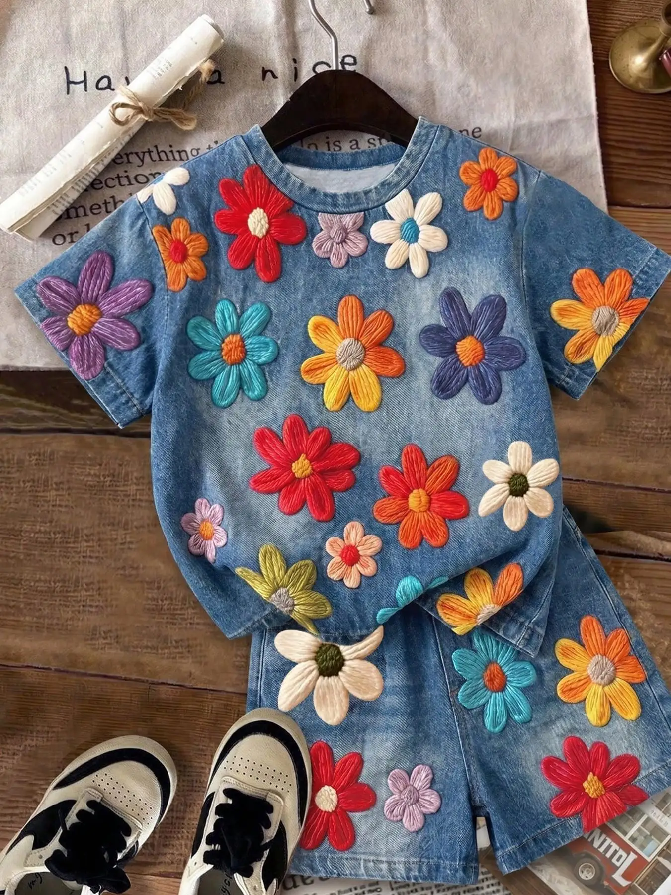 Freizeitoutfit für Mädchen, zweiteiliges Set aus kurzärmeligem Oberteil und Shorts im Denim-Optik-Stil, mehrere Farben, Blumendruck-Set geeignet für Mädchen über 3 Jahre, geeignet für Zuhause, Ausflüge, Reisen und Schulkleidung. – Detail 5