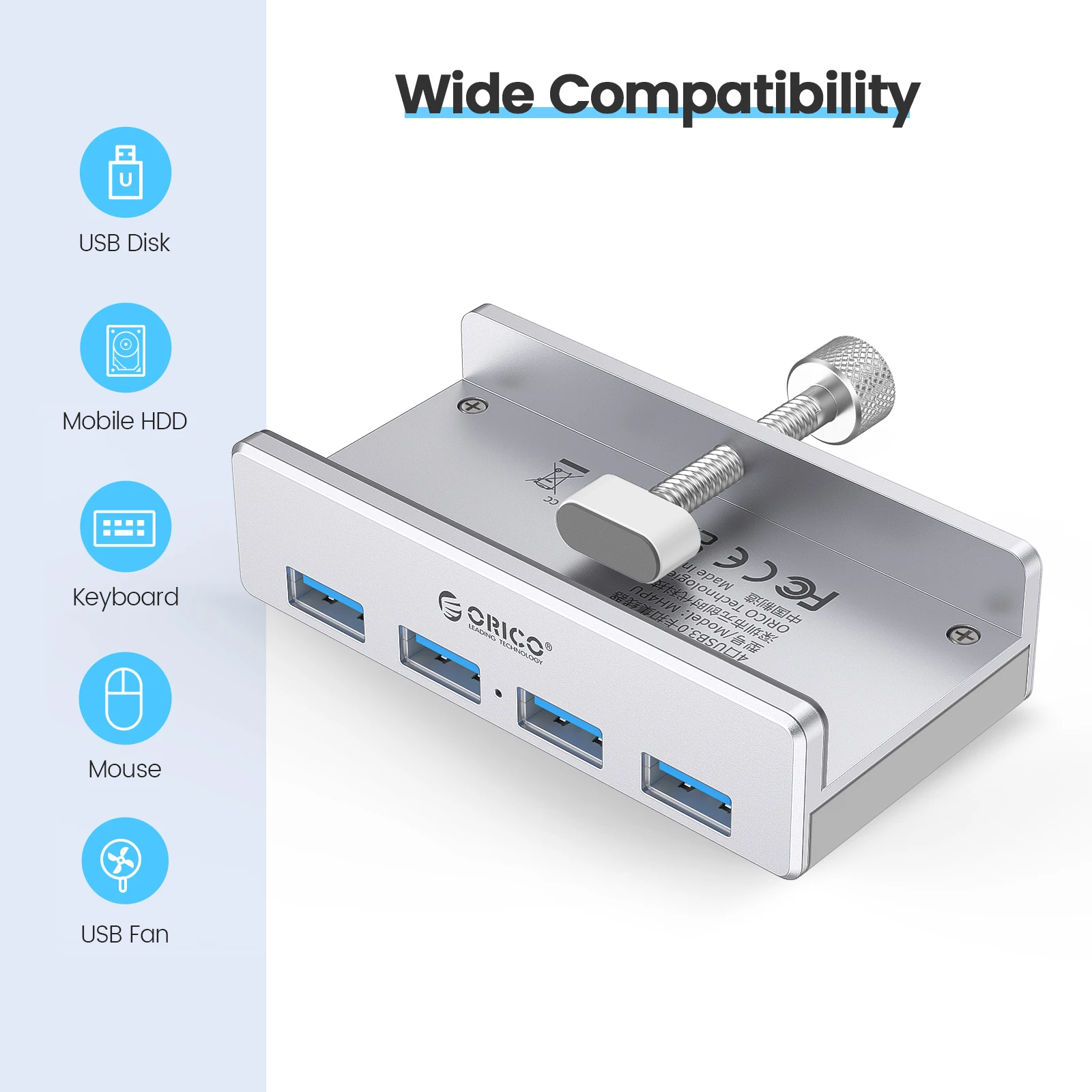 ORICO 4 Ports USB 3.0 Aluminum HUB For Desktop Laptop Clip Range 10-32mm With 150cm Cable 5V2A Power for Photographer Vloger