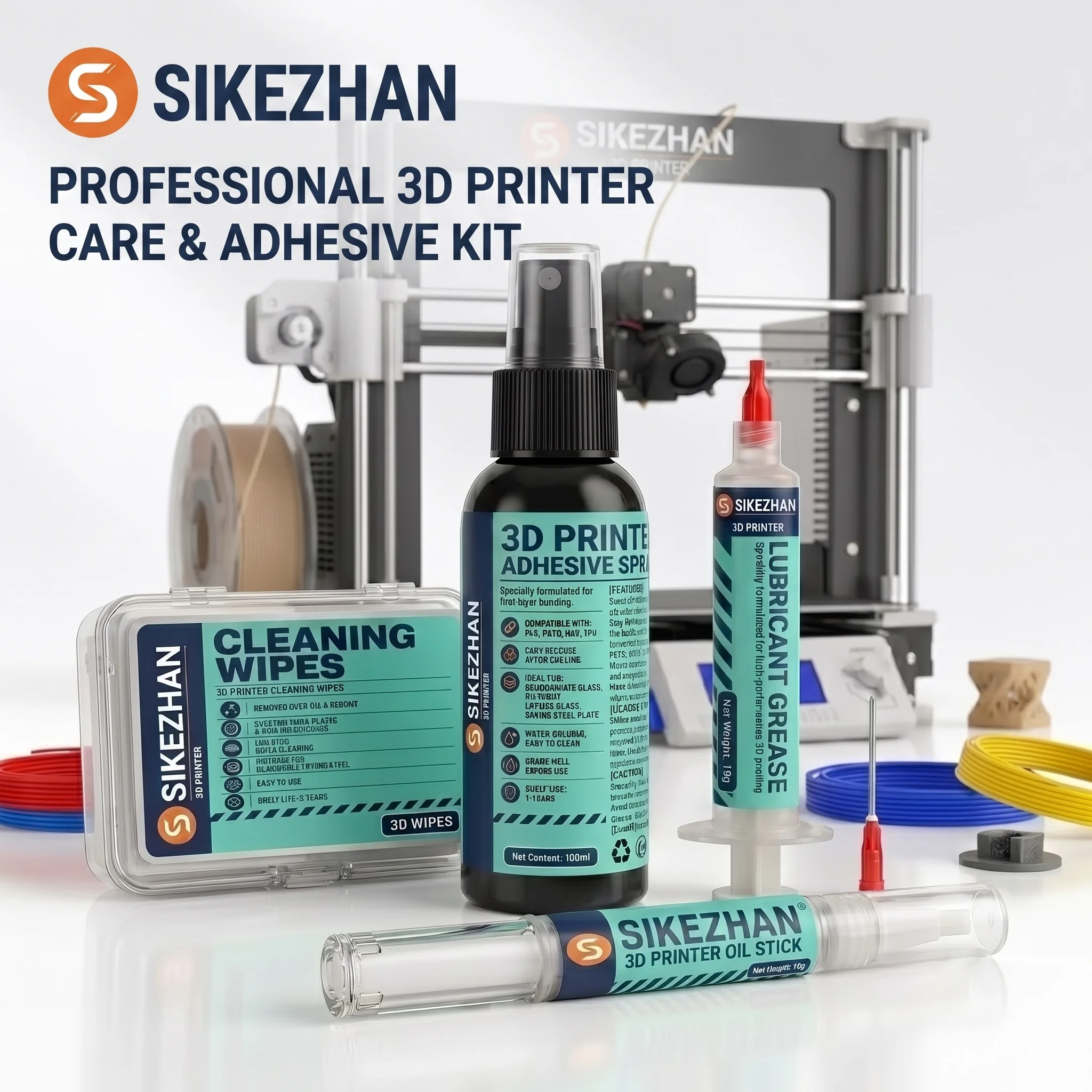 SIKEZHAN 5-in-1 3D Printer Maintenance Kit with Anti-Warping Bed Adhesive Spray & Smooth Lubricant Grease for FDM Maker Care