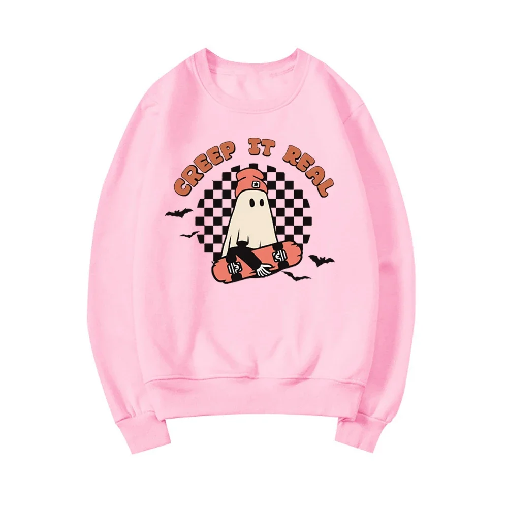 Creep It Real Sweatshirt Retro Halloween Hoodie Retro Ghost Sweatshirt Women's Graphic Hoodies Long Sleeve Spooky Season Tops