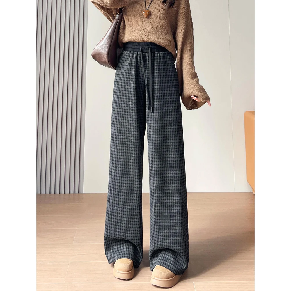 

Korean style blue checkered wide leg pants for women in autumn, high-end fashion, plus size loose casual straight leg pants