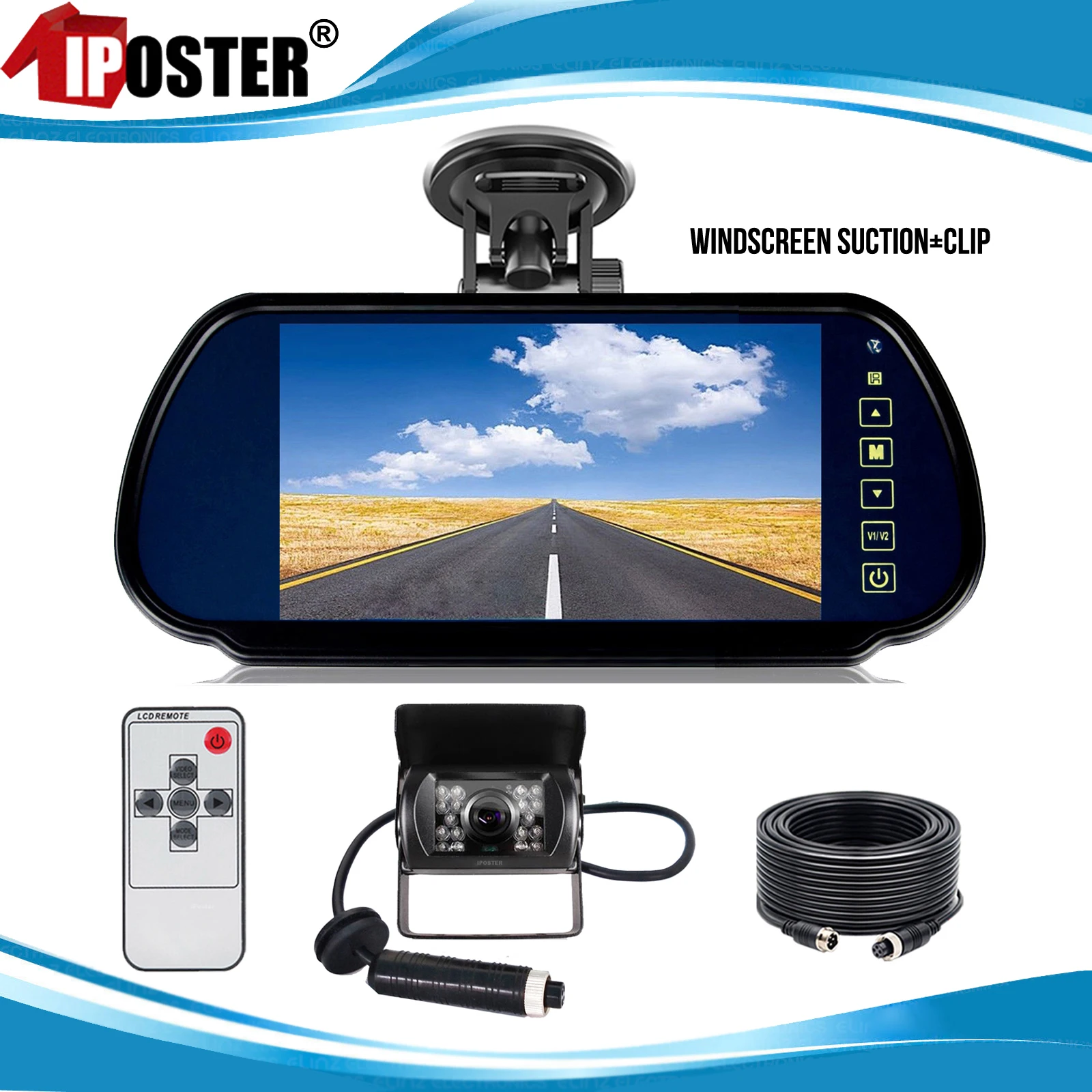 

iPoster 7 Inch LCD Screen Rear View Mirror Monitor Windscreen Suction & Clip + 4PIN IR Reversing Backup Camera 12-24v For Rv Van