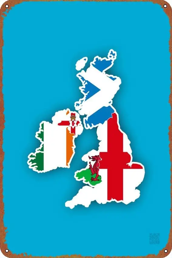 Mapa de las Islas Británicas y las banderas, póster vintage, bonito cartel de metal, regalo, novedad retro, cartel de metal para cafetería, tienda, garaje, cartel de 8x12 pulgadas