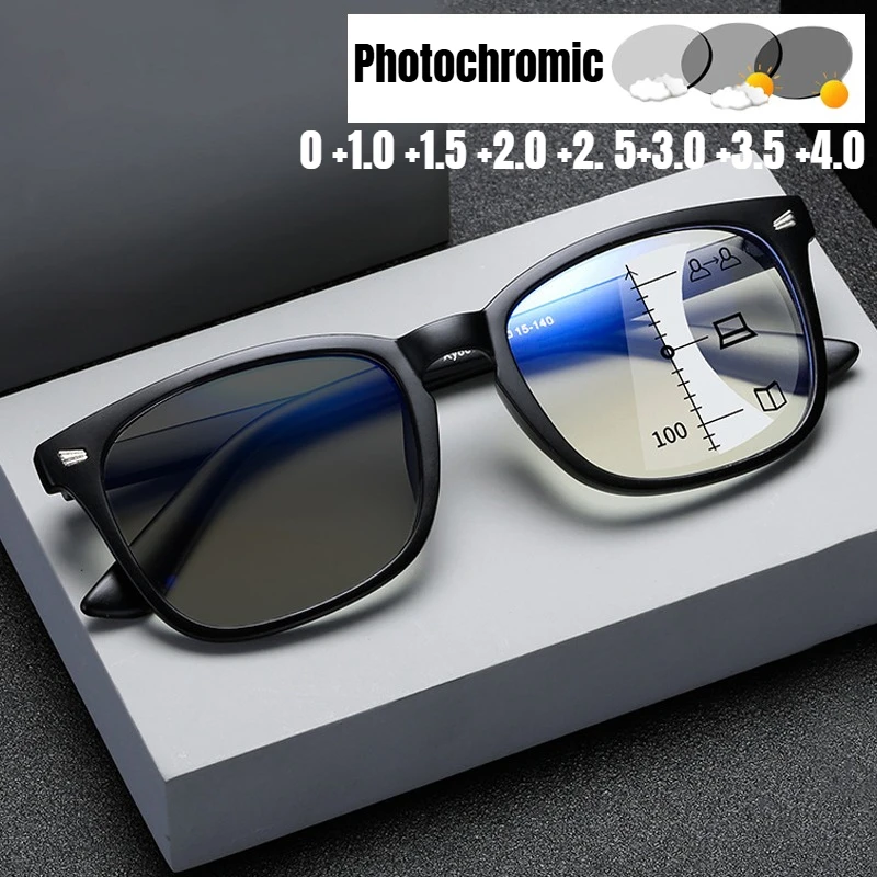 Multifocal Photochromic Reading Sunglasses for Men Vintage Near Far Color Changing Progressive Presbyopia Glasses 0 to +4.0