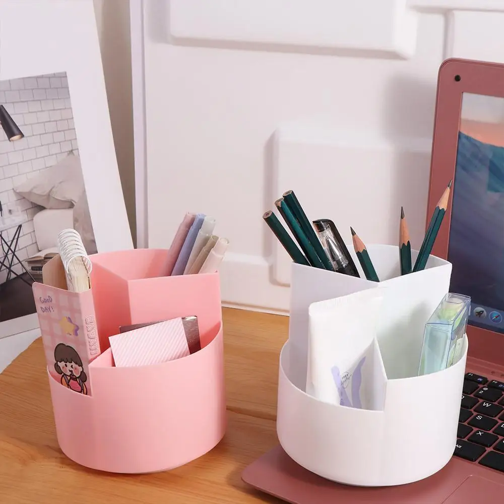 

Stationery Organizer 360° Rotating Pen Holder Storage Box Dust-proof Pen Pencil Organizer Waterproof 3-Grid Rotatable Pen Holder