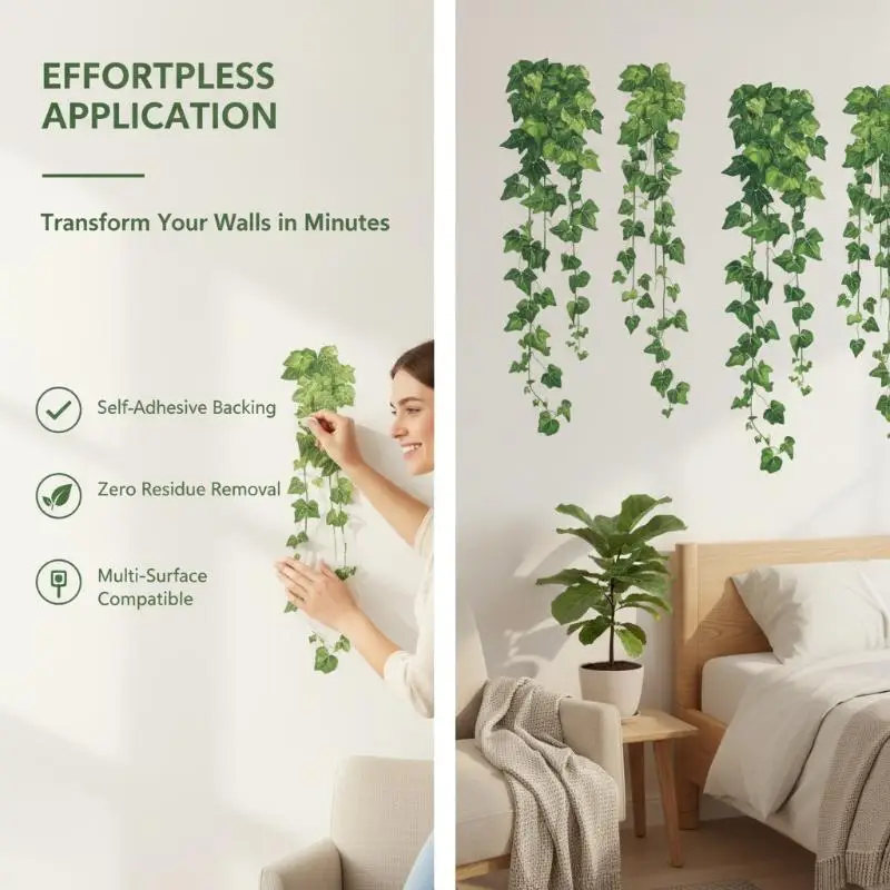 Green Hanging Ivy Wall Decals Realistic 3D Leaf Print Peel and Stick Non-Toxic for Nursery Kids Room Home Decor