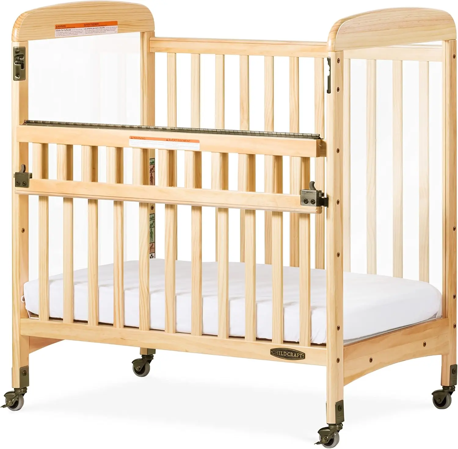 Child Craft Avery SafeAccess Wooden Compact Portable Crib, Features 2 Easy Roll Locking Wheels, Durable Wood Construction, Fits