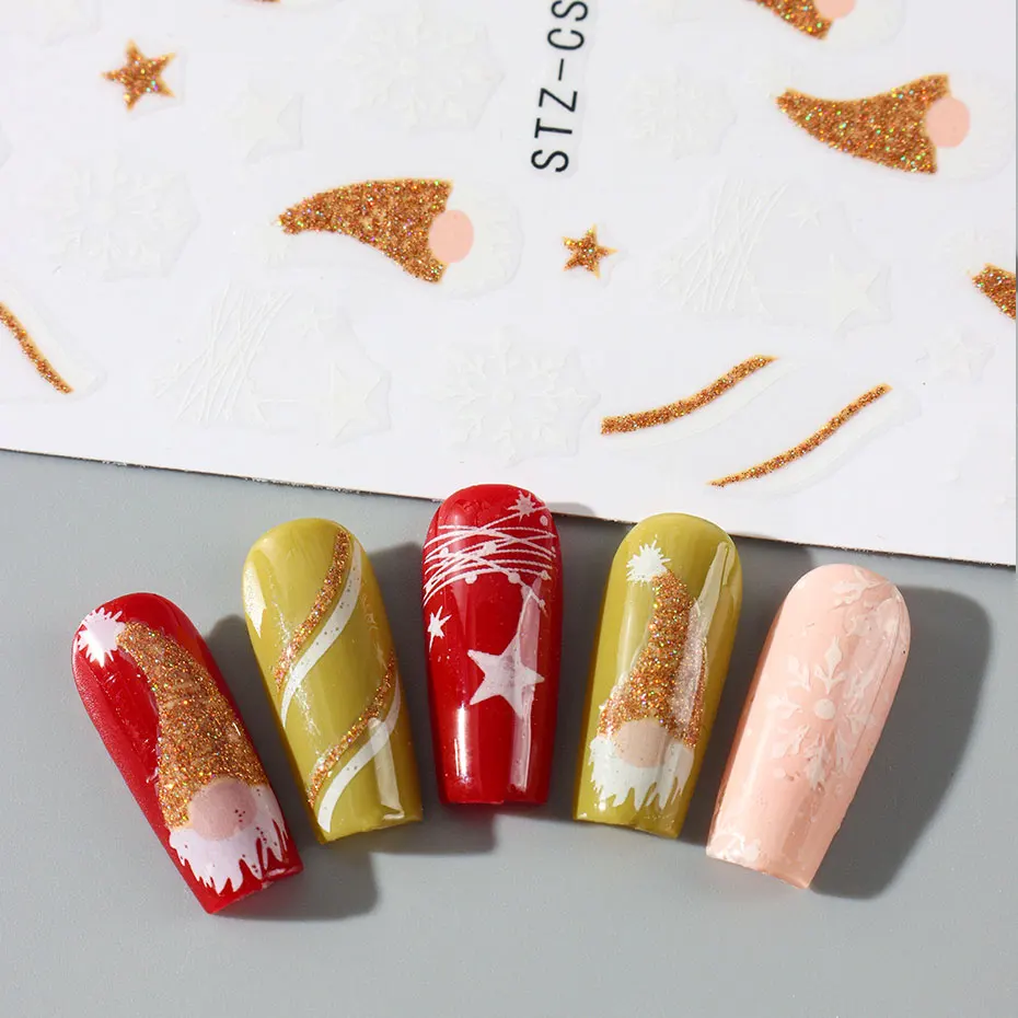 2 pezzi di cartone animato oro glitter adesivo per unghie Babbo Natale 3D carino alce di Natale fiocchi di neve cursore per unghie stella inverno capodanno forniture per unghie