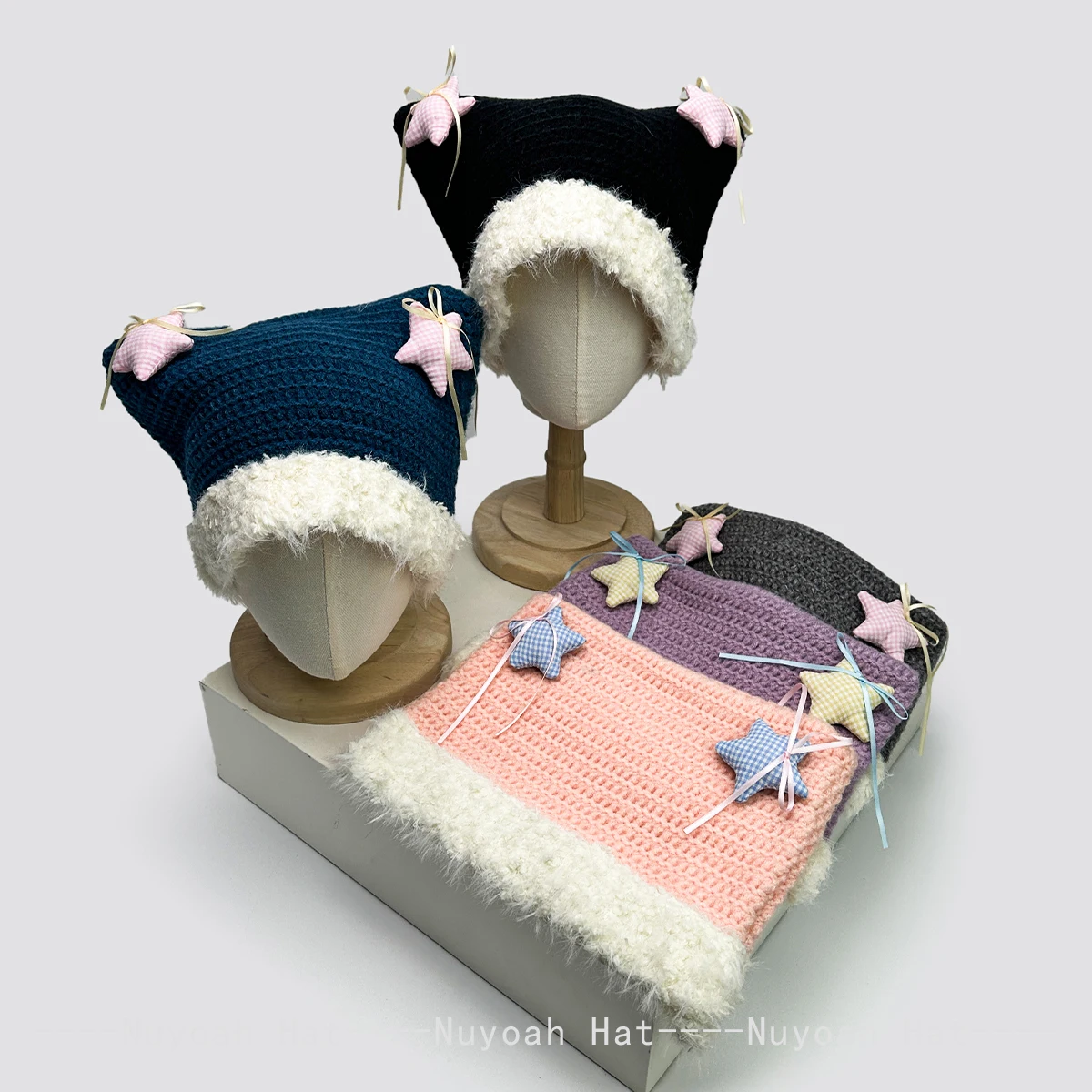 

New Women Color Block Five Pointed Star Bow Knitted Hats Warm Korean Fashion Cute Beanies Casual Versatile Outdoor Sweet Niche