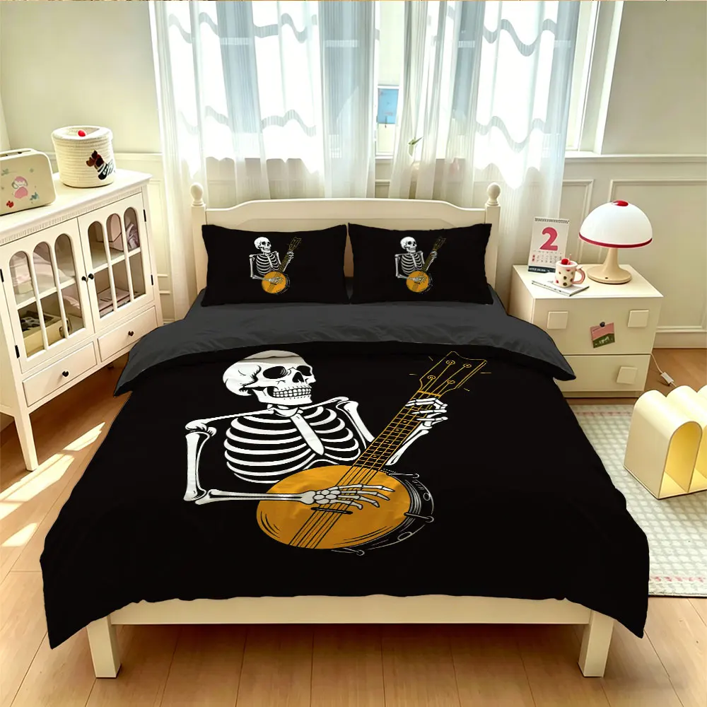 3pcs Dark Rock Skeleton Halloween Printed Quilt Set 1 Quilt Set 2 Pillowcase Holiday Bedding Machine Washable Decoration