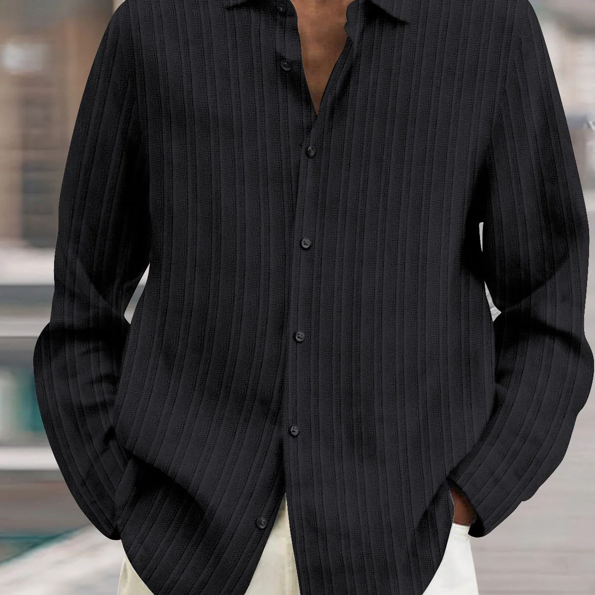 Men's high-quality casual shirt with striped solid color daily top, lapel button cardigan, spring and autumn men's streetwear