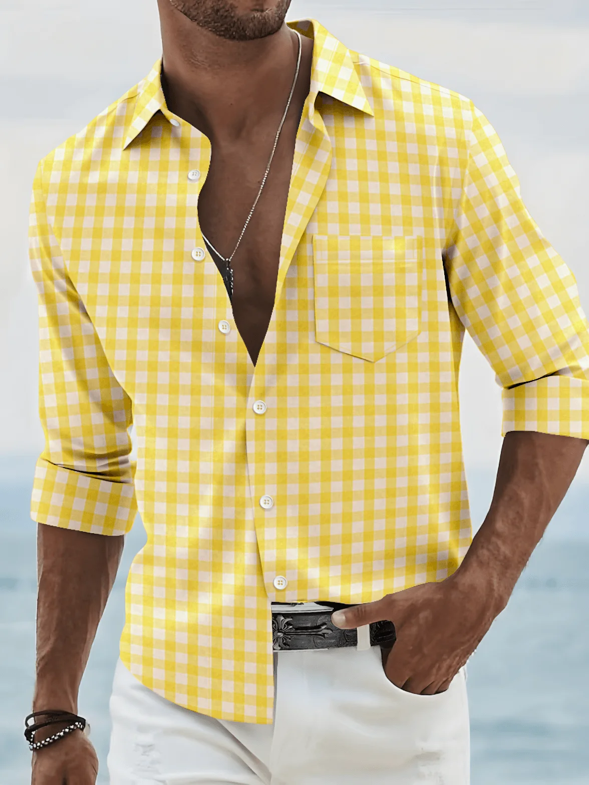 

Men's long sleeved shirt casual checkered color summer lapel shirt summer new fashion casual men's unisex top