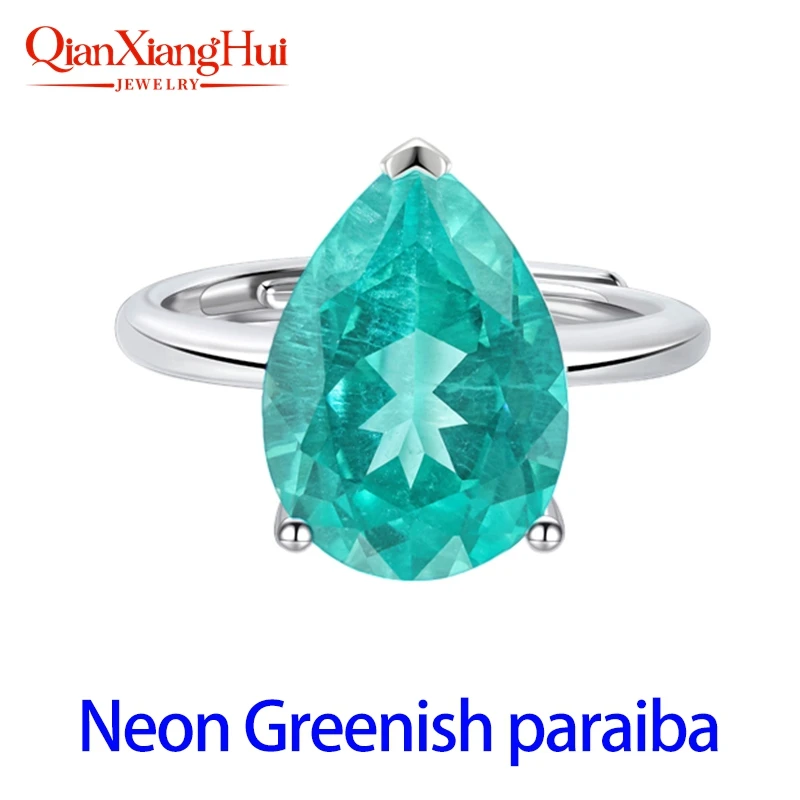 Lab Grown YAG Paraiba Color Ring 10*14mm Heart Shape Neon Blue Greenish Gemstone S925 Silver Adjustable Open Ring jewelry Women