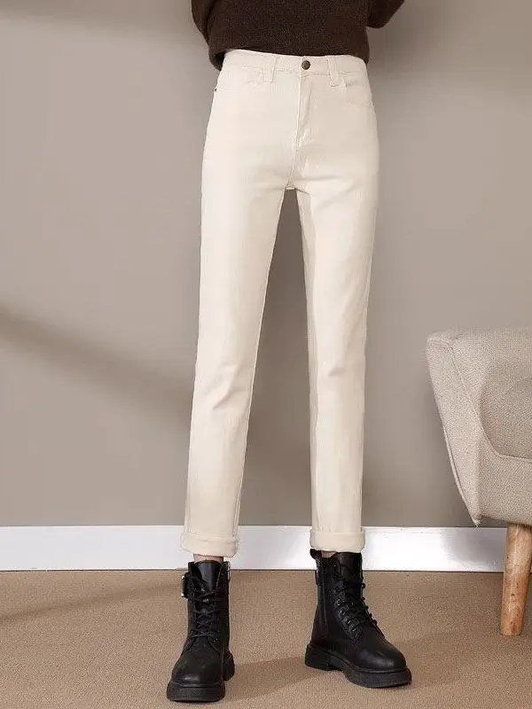 ハイウエスト厚手フリースデニムパンツ レディース ストレートレッグ カジュアル ルーズ 着痩せ 暖かい 秋色 ベージュ スモーキングパンツ