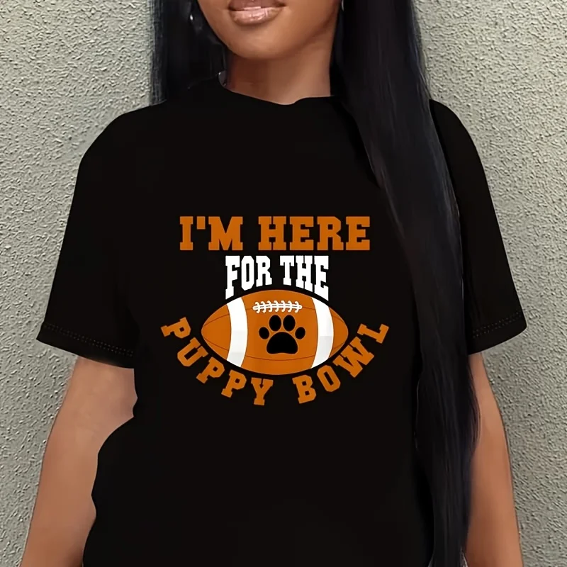 I'M Here for the Puppy Dog Lover Bowl Dog Pawprint on Ball Women's Plus Size T-Shirt 100% Cotton 220g