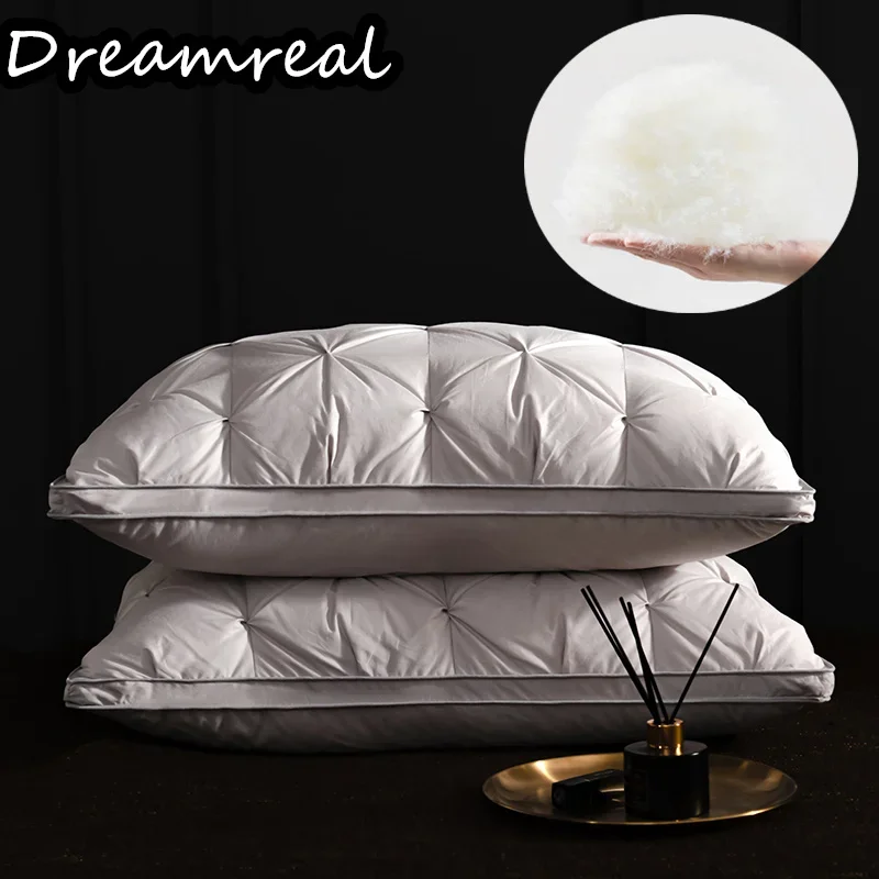 Dreamreal 2pcs Down Pillow with 100% Cotton Case White Goose Down/Feather Pillow 5 Star Hotel Pillow Standard Queen Fast Rebound