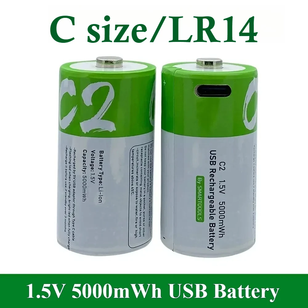 1.5V 5000mWh USB Battery C Size LR14 Li-po Rechargeable Battery Type-C Ultra-Fast Charging for Flashlight Gas Cooker Radios