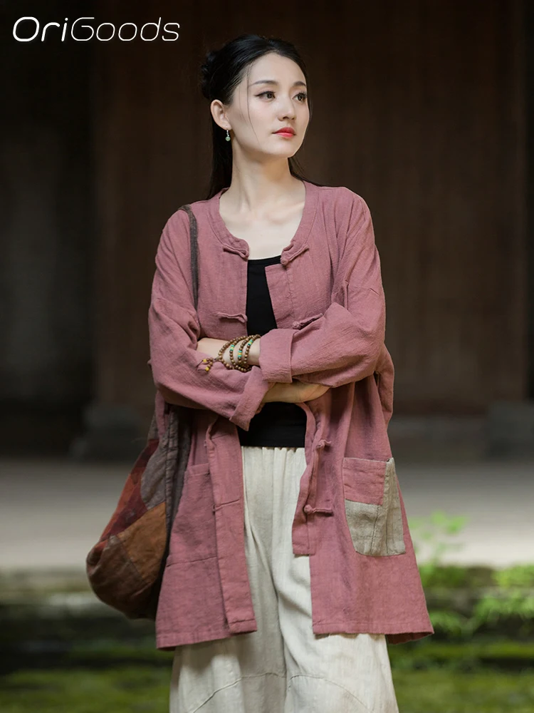 

OriGoods OVERSIZED длинная рубашка Рами, хлопково-льняная рубашка с длинными рукавами, женская новинка 2025, осеннее пальто, одежда в китайском стиле дзен B337