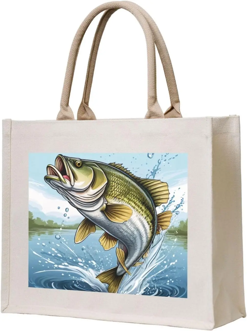 Bass Fishing Wave Canvas Tote Bag For Women, Aesthetics Tote Bag Beach Travel Tote Handbags Shopping Daily Working