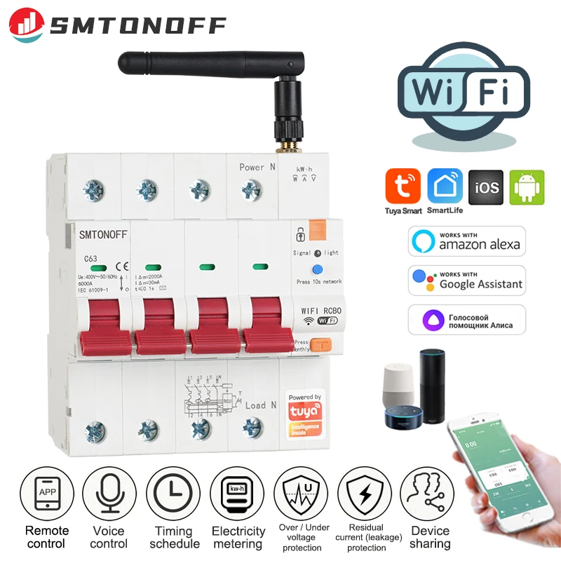 Tuya Smart WiFi 4P 63A RCBO RS485 Breaker Prepaid Meter Timer Switch Voltage Current Protector Voice Control Alexa Google Alice