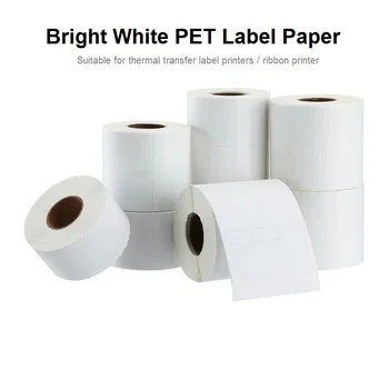 Carta per etichette autoadesiva in PET bianco brillante 50x30 Carta per etichette con codici a barre rivestita Etichetta per abbigliamento vuota Etichetta a trasferimento termico Fila singola