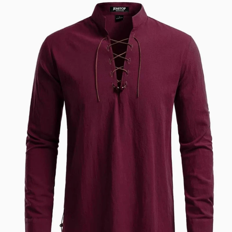 2026 New Henry Tie-Front Long-Sleeve Casual Cotton-Linen Shirt for Men, Relaxed Fit/Breathable/90% Cotton Men's Pullover Shirts