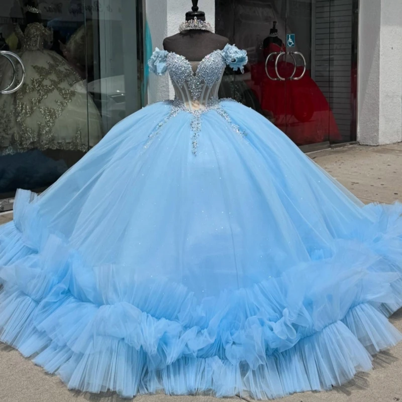 

Blue Shiny Quinceanera Dresses Off Shoulder Ball Gown Sweet 16 Dress Beading Crytal Tiered Tull Birthday Party Vestidos 15 De