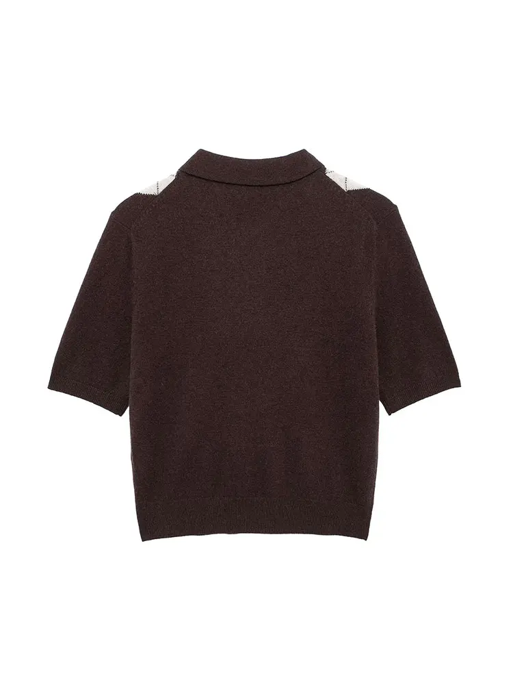 NLZG 2025 Women Argyle Knitted Sweater Short Sleeve Turn-down Collar Short Sweaters Woman Chic Casual Pullovers Tops