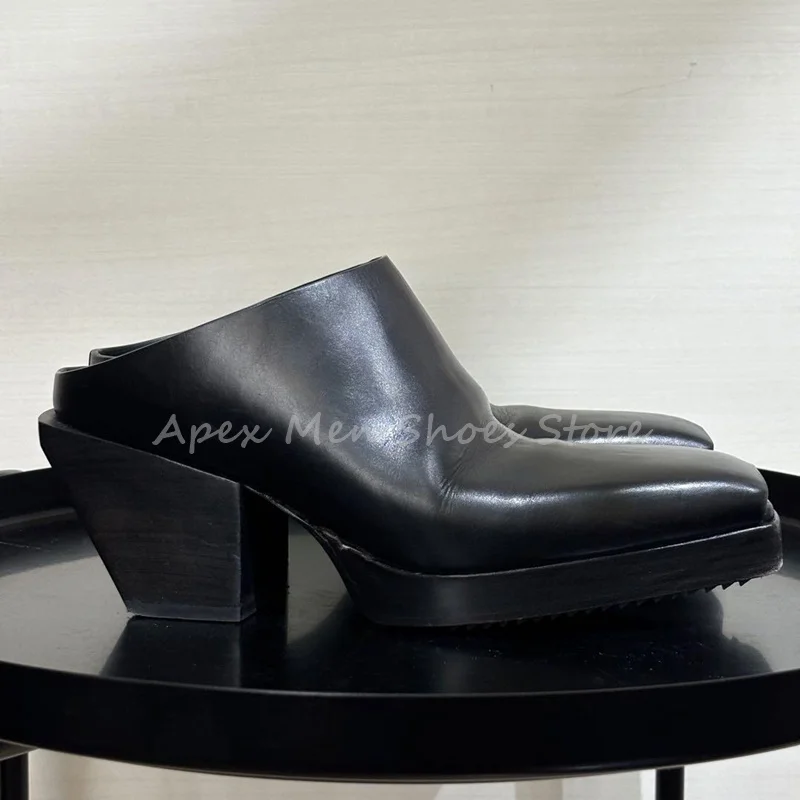 

2025 Concise Square Toe Men's High Heel Slippers Handmade Genuine Leather Versatile Outdoor Casual Man Shoes Thick Sole Big Size