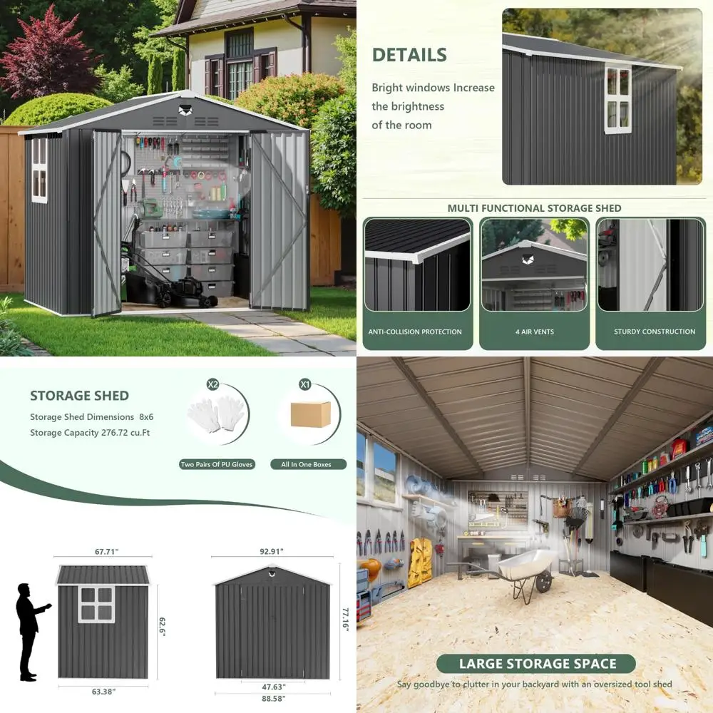 

Large Outdoor Metal Storage Shed with Window, 8x6 Feet, Waterproof and Ideal for Backyard Use