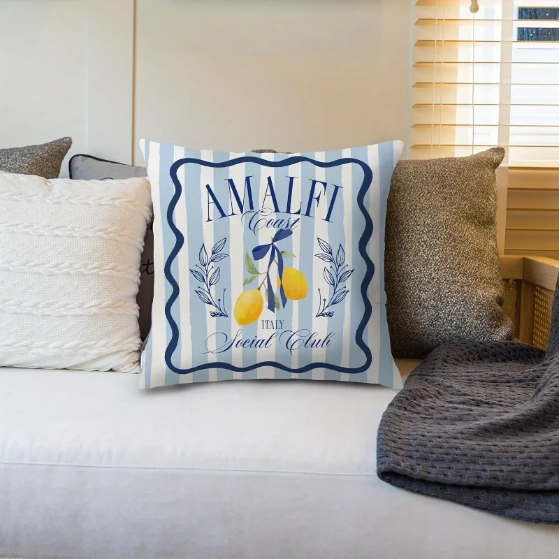 Short Plush Amalfi Coast Lemon Pillowcase 18 Inch Double Sided Printed Zipper Cushion Cover Mediterranean Summer Decor
