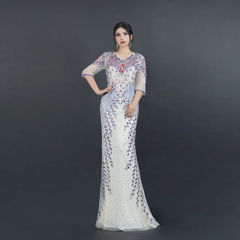 2024 New Custom Evening Dress Luxury Handmade Beaded Rhinestone Mermaid Gown Plus Size Prom Special Occasions Mom Wear C52